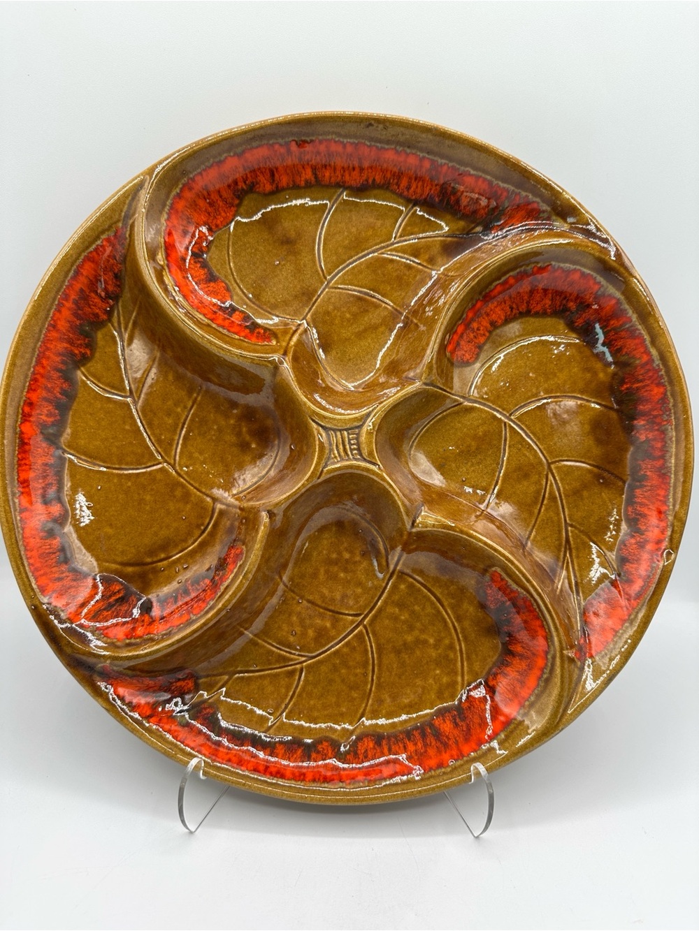 MCM Santa Anita Ware 60s Leaf Appetizer Platter w Orange drip glaze.